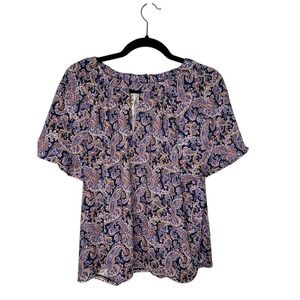 LOFT Paisley Print‎ Top Blouse Womens Medium Short Sleeve Keyhole Button